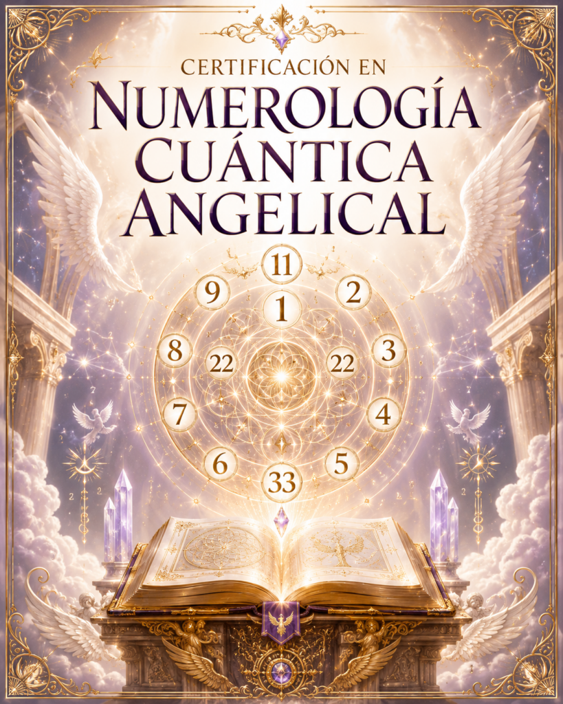 Tarjeta de la Certificación en Numerología Cuántica Angelical con libro celestial, mandala numérico, luz dorada y símbolos angelicales.