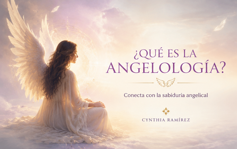 Mujer contemplando una presencia angelical luminosa entre nubes y lavanda, representando la guía de los ángeles en el camino espiritual de la angelología.